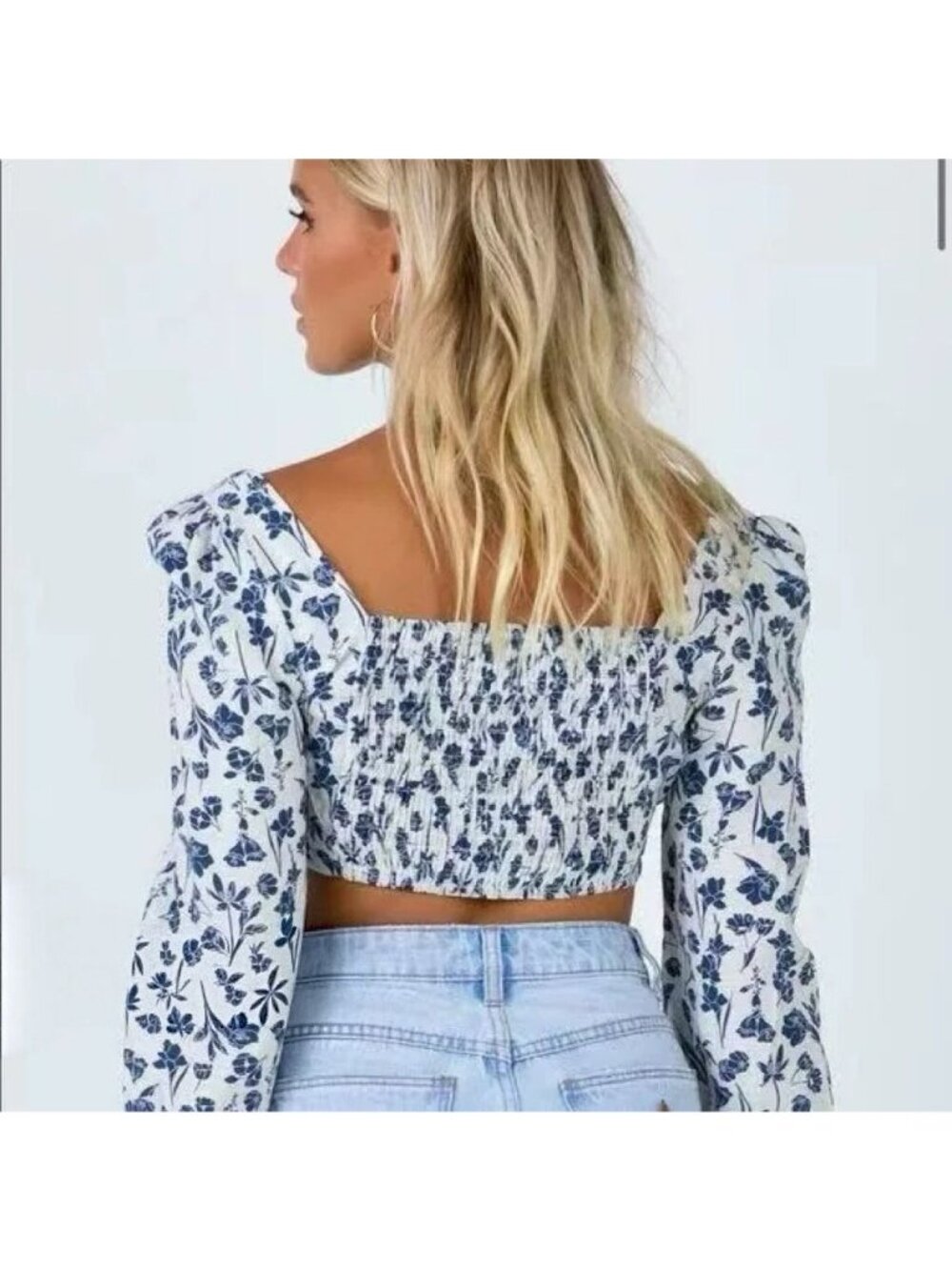 Blue White Floral Puff Sleeve Crop Top Smocked Back Size M - Picture 2 of 6